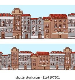 Colored vector horizontal border with European houses.