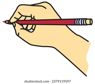 Colored vector icon of the hand writing with pencil. Simple contour beige-red pictogram with black outline isolated on transparent background