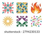Colored vector icon set featuring abstract and decorative elements, including fire flame, bursting star, swirling pattern, and colorful geometric shapes, modern design.