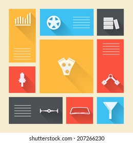Colored vector icons for auto repair with place for text. Square colored vector icons with white silhouette symbols for auto repair and place for your text.