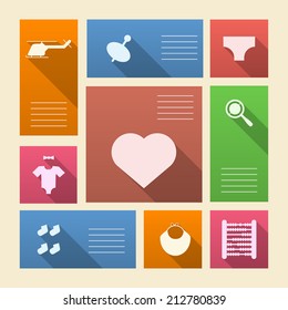 Colored vector icons for baby shop with place for text. Square colored vector icons with white silhouette toys and place for your text.