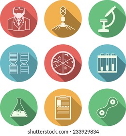 Colored vector icons for bacteriology. Set of colored circle vector icons with black silhouette symbols for bacteriology on white background.