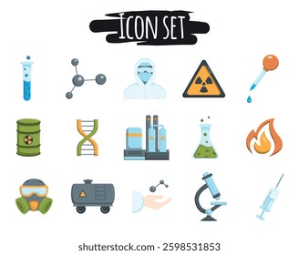 Colored vector icons of chemical industry. Signs and symbols related to science, production, laboratory research, medical discoveries