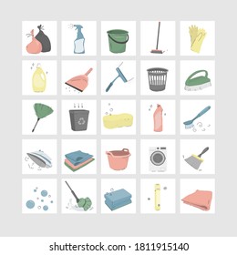 Iconos vectoriales de colores de productos de limpieza y limpieza. Para el diseño y la decoración. Lavadora, cubo, trapos, escoba, cepillo, esponja, escoba, hierro.