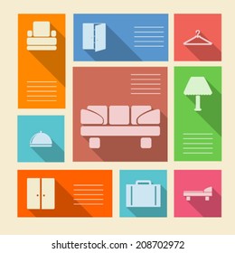 Colored vector icons for hotel with place for text. Square colored vector icons with white silhouette symbols for hotel and place for your text