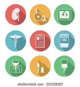 Colored vector icons for nephrology. Colored circle icons vector collection of black signs for nephrologist or nephrology on white background.