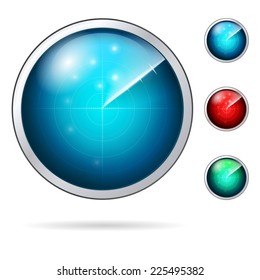 Colored vector icons for radar. Set of radars with colored screen. Vector icons on white background.