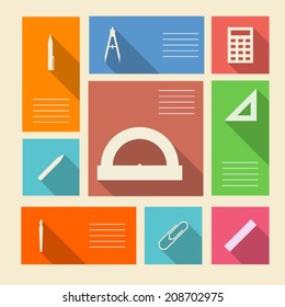 Colored vector icons for school supplies with place for text. Square colored vector icons with white silhouette symbols for school supplies and place for your text.