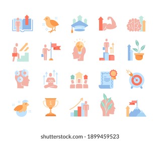 Colored vector icons set of personal growth and self development icons. Containing such icons as training, newbie, new idea, skill Improvement, meditation and others.