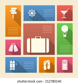 Colored vector icons for vacation with place for text. Square colored vector icons with white silhouette symbols for vacation and place for your text.