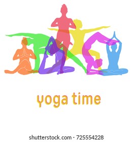  Colored vector icons of woman in different yoga poses. Design of mixed yoga girls silhouettes. Illustration for yoga classes and advertisement.