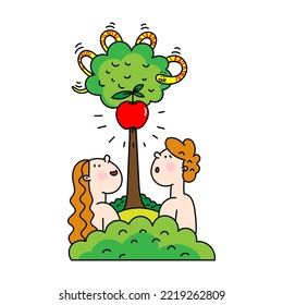 Colored vector illustration of Adam and Eve in the Garden of Eden by the apple of temptation on a white background