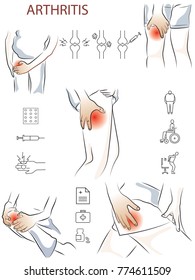 Colored, vector illustration of an arthritis, sore leg. Medical icons, pain in the joint, syringe, medicine, wheelchair, medical form, first-aid kit.