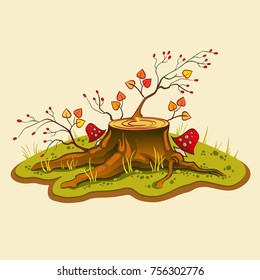 Colored vector Illustration of autumn tree stump with mushrooms and  berries. 