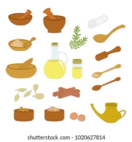 Colored vector illustration of Ayurveda theme objects isolated on white background