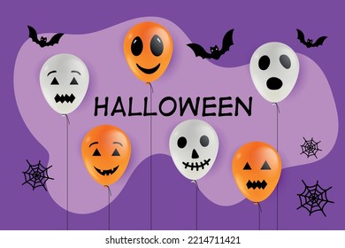 Colored vector illustration balloons with faces, for Halloween party on purple background. Happy orange holiday air flying balloon