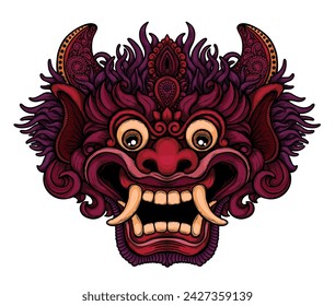 colored vector illustration of Barong. Traditional Balinese spirit. Detailed illustration, sketch style, line art, transparent on white background. Hand drawn