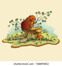 Colored vector Illustration.  Brown beaver sitting on a tree stump in a forest. Cartoon  style. Good for the postcard.