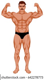 Colored vector illustration of a bodybuilder flexing muscles