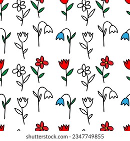 Colored Vector illustration of bouquet blue bell and red tulip flowers with green leaves isolated on a white background. Seamless pattern