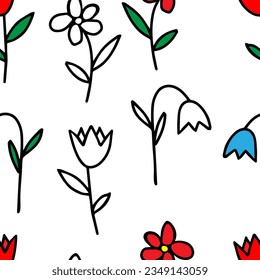 Colored Vector illustration of bouquet blue bell and red tulip flowers with green leaves isolated on a white background. Seamless pattern