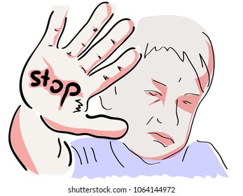 Colored Vector illustration. The boy stretched one arm forward. The inscription on the hand is Stop.