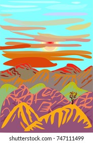 The colored vector illustration of a bright fantasy landscape with the lava and volcanoes