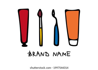 Colored vector illustration of a brush and a tube of paint, a palette knife. Lettering Brand name. Objects for advertising an art store for artists, for online advertising, for textiles, for