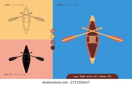 Colored vector illustration of a canoe with crossed wooden paddles viewed from above, featuring detailed shading for outdoor, adventure, and recreational design use.