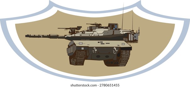 Colored vector illustration of a chevron with the image of a modern tank in a desert color, inside a giraldic shield on a beige background, made in a military style, intended for presentations, banners, signs, symbols and chevron production.
