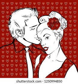 Colored vector illustration оf A Couple in love in red and white colors. Flirting girl with her kissing boyfriend. Good for Valentine day.