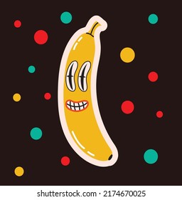 Colored Vector illustration of crazy banana for posters in Cartoon Flat design. Hand drawn Abstract shape, face, different texture, funny Comic character.