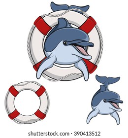 Colored vector illustration of a dolphin and a life buoy. 