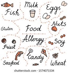 Colored Vector illustration. Doodle style. Black and white inscription Food Allergy and hand drawn allergy triggers. Fish, milk, soy, gluten, fruit, nuts, wheat, candy. Isolated on white background. 