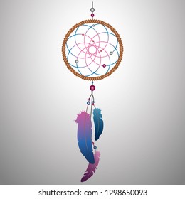 Colored Vector Illustration of Dreamcatcher with precious stones and feathers. Decor in boho style.