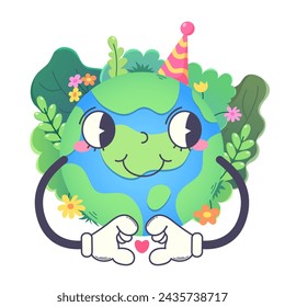 Colored vector illustration of the earth in groove style. With hands showing a heart. Trees, bushes, flowers