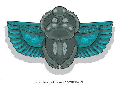 Colored vector illustration Egyptian stylized scarab with wings. Stone statuette archaeological excavations. African totem scarab beetle with wings, spirituality symbol of Sun.