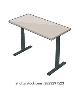 Colored vector illustration of an electric height adjustable standing desk with rectangular tabletop and dual leg frame, ergonomic office workstation for home and workplace interiors, isolated on white background