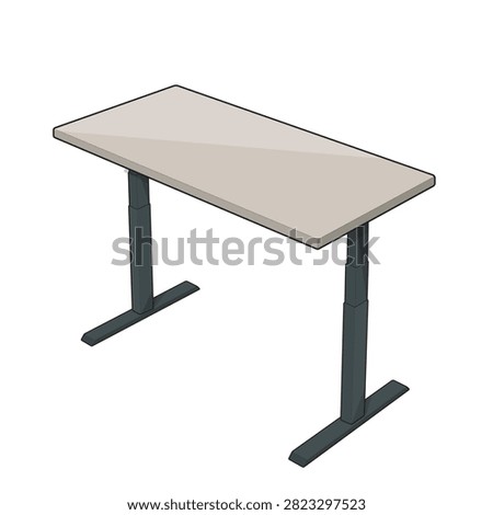 Colored vector illustration of an electric height adjustable standing desk with rectangular tabletop and dual leg frame, ergonomic office workstation for home and workplace interiors, isolated on white background