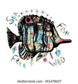 colored vector illustration with exotic fish, colored drawing in boho style, stylized feathers, littering, sketch