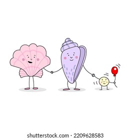 Colored vector illustration of a family of seashells on a white background
