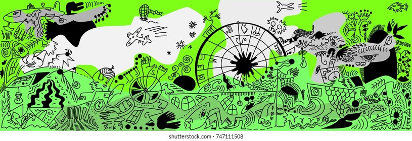 The colored vector illustration with a lot of fantastic sketched figures and events on the green background