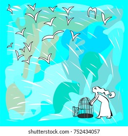 The colored vector illustration of a fantasy story about the girl with the cage and the birds on the blue abstract background