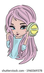 Colored vector illustration. Fashionable girl in headphones