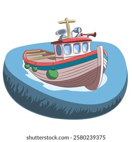 Colored vector illustration of Fishing boat in the sea