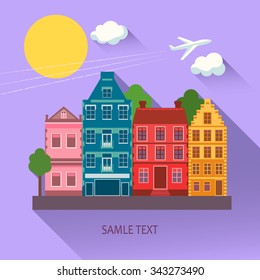 Colored vector illustration of a flat cityscape with airplane. Suitable for banners and tour agencies