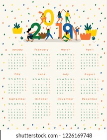Colored vector illustration in flat style. Young guys and girls. 2019 Calendar Poster.