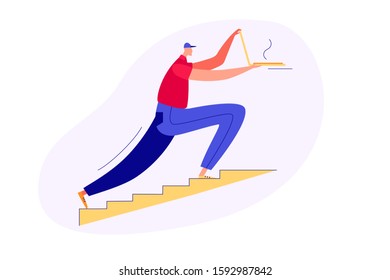 Colored vector illustration flat style. Fast pizza delivery. Pizza delivery man runs up the stairs.