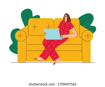 Colored vector illustration flat style. A woman works from home on self-isolation. 