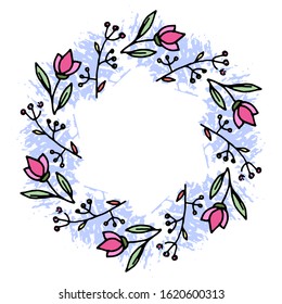 Colored vector illustration of floral frame. Rustic. Hand drawn simple line. Black stroke. Isolated on white background. Brush stroke. Elegant and noble.Best for wedding design. Invitation. Copy space